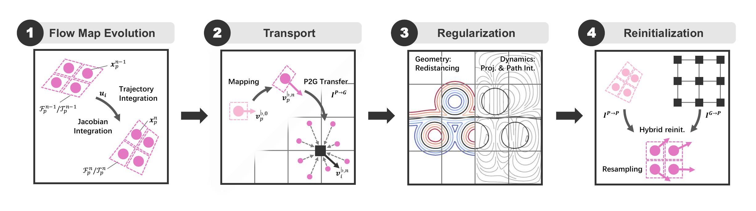 Pipeline figure showing flow map evolution, transport, regularization, and reinitialization.